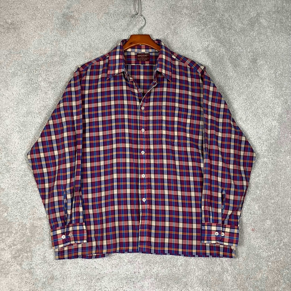 Vintage Kingsport Button Shirt Mens XL Red Plaid Long Sleeve Pocket Cotton Blend